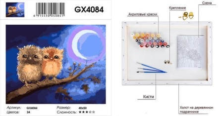 холст для рисования по номерам совушки (40*50см, холст на подрамнике, кисти, акриловые краски) gx408
