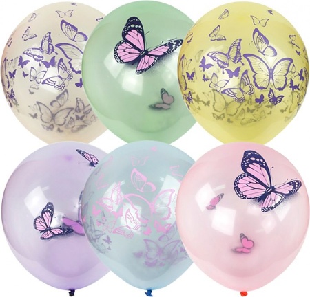 воздушные шары,   1шт., м12/30см, патибум "кристалл bubble. бабочки", пастель+декоратор, ассорти