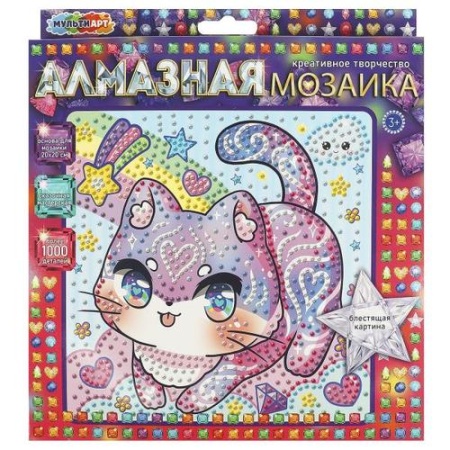 multiart мозаика алмазная. радужный котик (20*20см, стразы, лоток, подставка, в коробке, от 3 лет) a